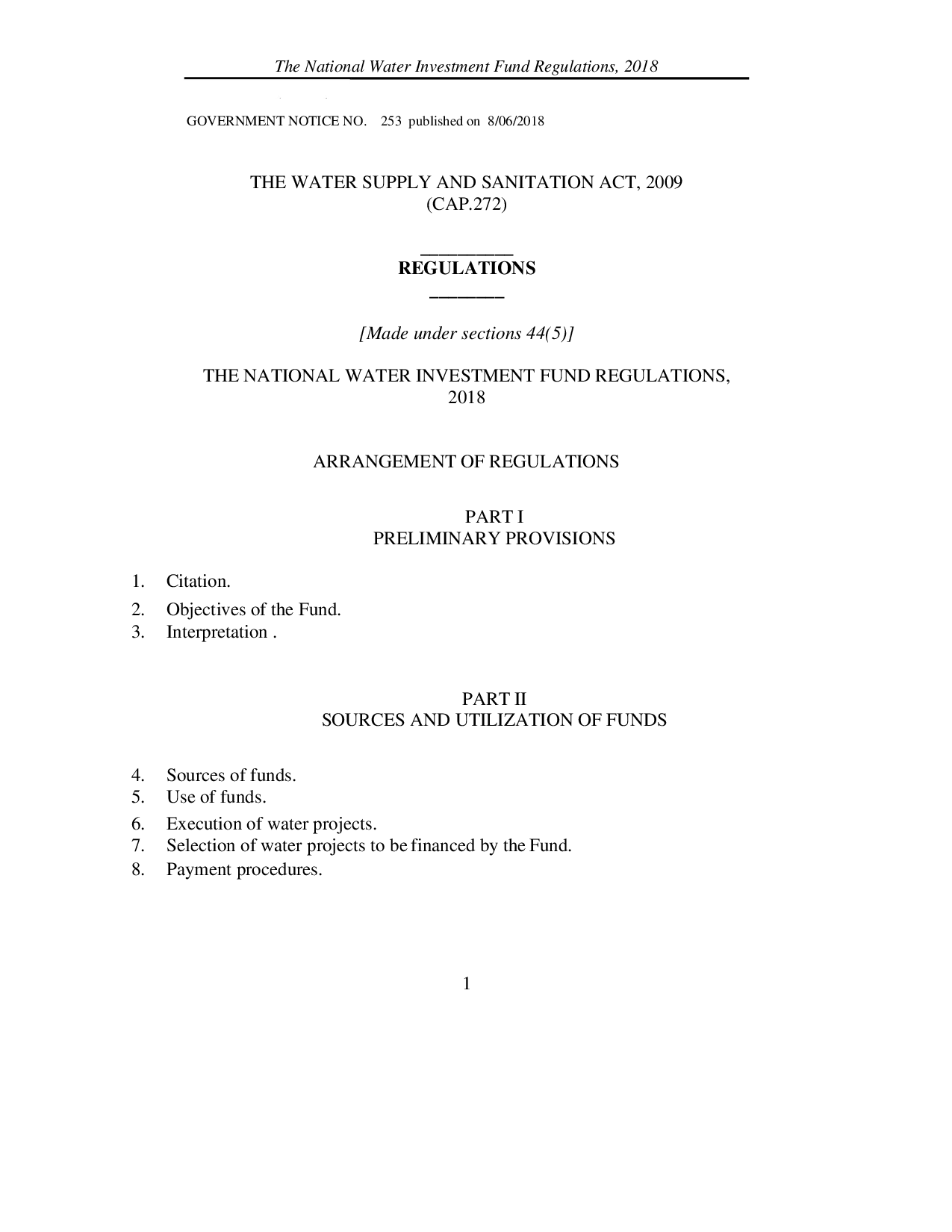 National Water Investment Fund Regulations  GN No 253 of 2018